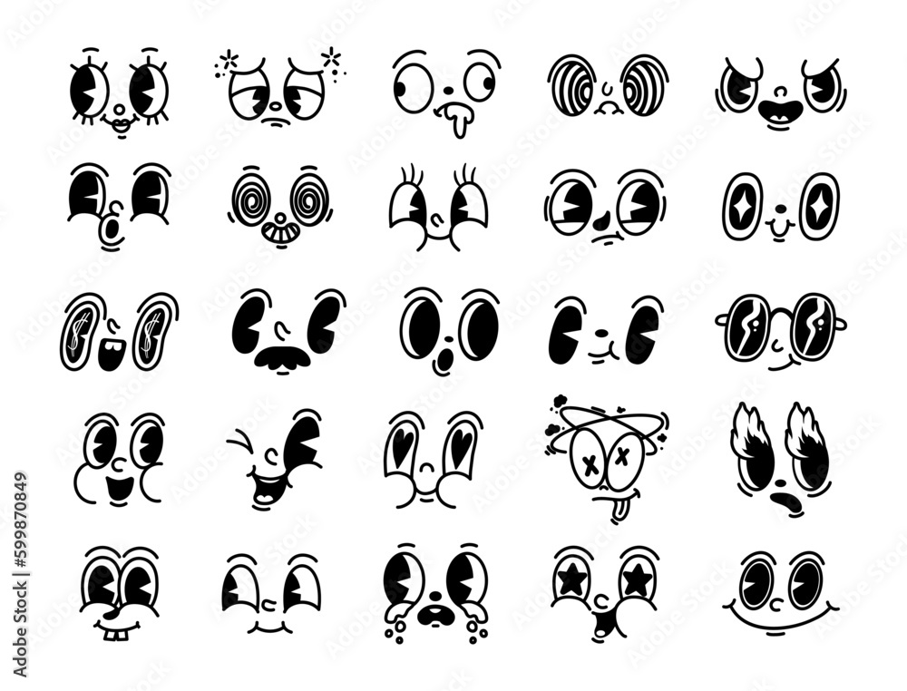 Retro cartoon 30s face. Vintage mascot character faces. Comic old