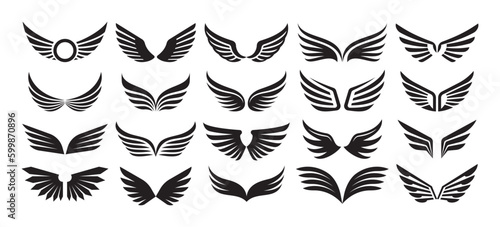 Wings emblem. Retro bird tattoo angel wing icon, military heraldic symbols. Flying eagle logo vector winged label isolated set