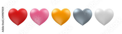 3d color hearts. Heart shaped balloon red, pink and golden, silver white. Valentine, wedding and mother day glossy elements. Vector set