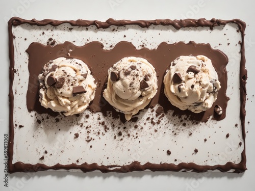 A chocolate covered almonds, chocolate cchocolate chip cookie dough ice cream created with generative ai photo