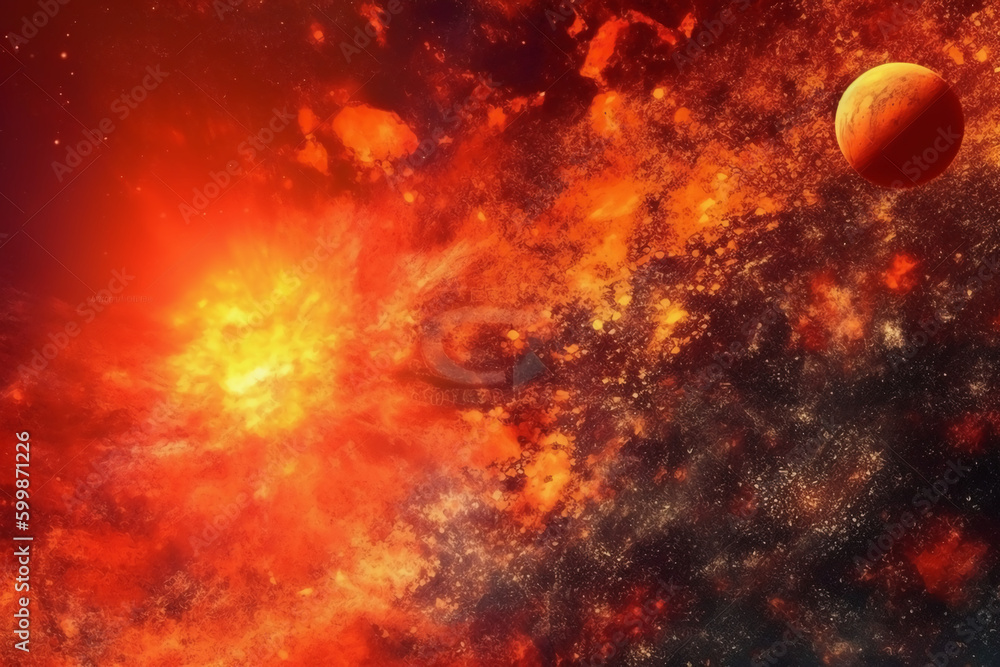 Abstract fancy red orange fire, sun light planet surface, grunge texture, fantasy galaxy background. AI generative
