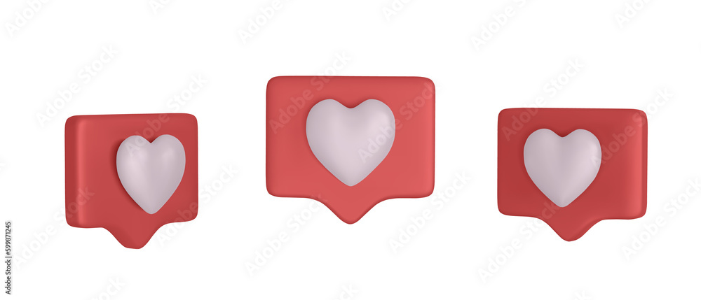 Social media like icon concept. Comment and Follower. 3D Vector Illustrations. icon message dialog button with heart. Realistic Elements for romantic design. Isolated object on white background Social media like icon concept. Comment and Follower. 3D Vector Illustrations. icon message dialog button with heart. Realistic Elements for romantic design. Isolated object on white background