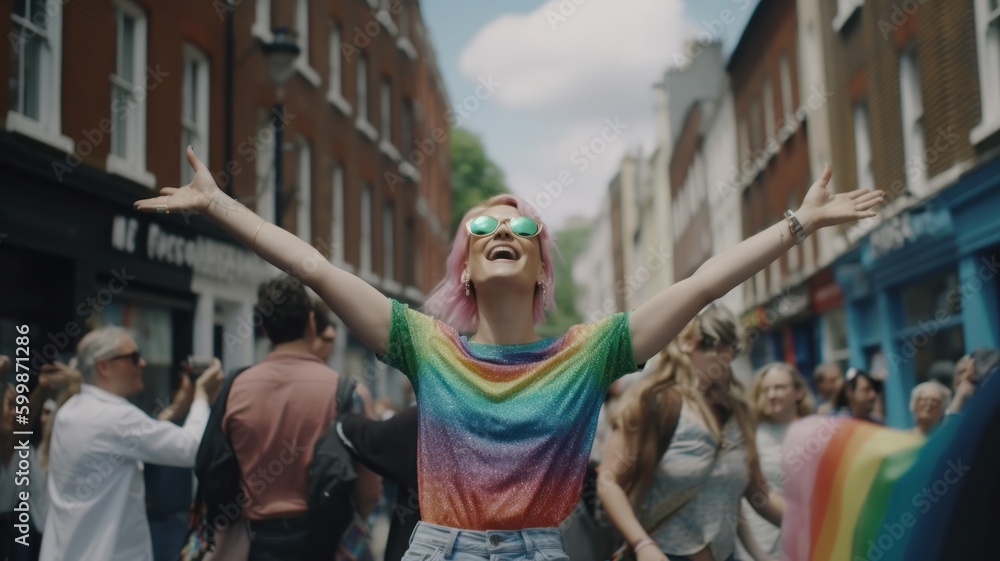 Fototapeta premium Portrait of a queer person, lesbian, non-binary, androgynous, transgender. Pride month concept. Generative AI.