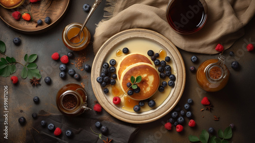 Pancakes with Maple Syrup on the table, close-up, ai illustration, top view  photo