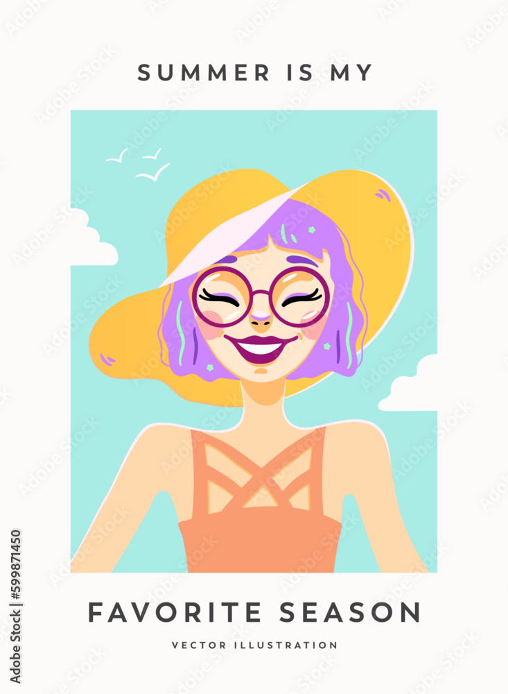 Happy woman vector illustration. Summer is my favorite season editable template poster of smiling girl with hat and glasses. Happy woman vector illustration. Summer is my favorite season editable template poster of smiling girl with hat and glasses.