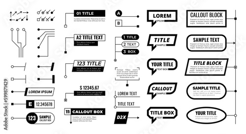 Callout. Title box, design label infographic elements. Text callouts, information banners with arrow. Isolated textbox, editable stroke vector set