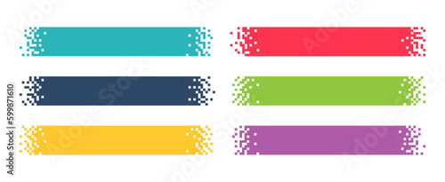Pixel banner. Header, footer color layout with mosaic edges. Horizontal title tags with pixels. Labels pixelated decoration advertising vector elements photo