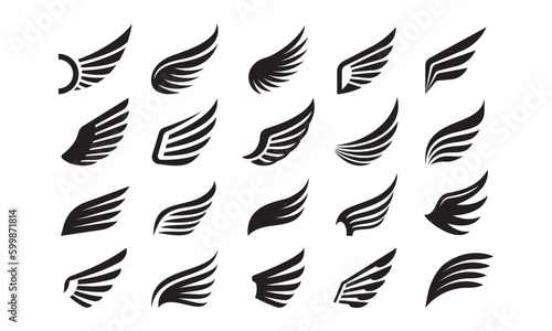 Wings icons. Angel bird eagle wing and feather emblem, simple hawk silhouette heraldic symbol. Minimal dove freedom vintage tattoo vector set
