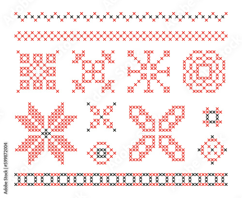 Embroidery stitch cross ornaments. Embroidery craft crosses pattern, sewing stitched heart, folk abstract ornament, fabric symmetry elements. Vector set