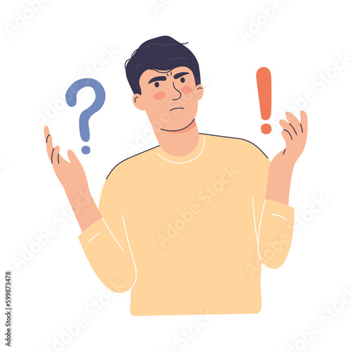 Vector illustration of people marking question and exclamation marks. Confused about answers or questions. Flat isolated on white background