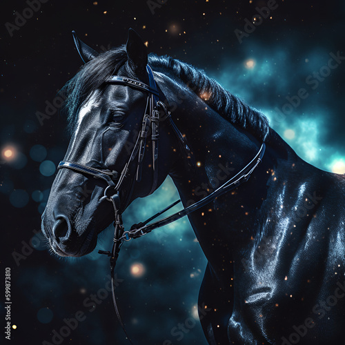Beautiful horse , moody, Dark night with stars above , Laser Printed, Simulation, Digital painting, brash colors, Medieval, glow in the dark lighting,eye