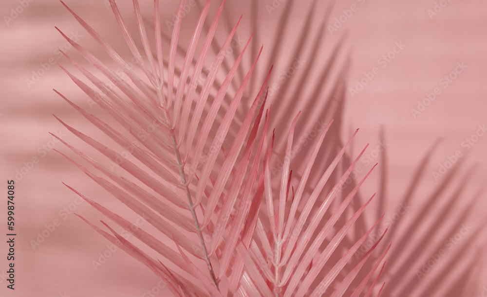 Obraz premium Summer aesthetic layout with pink palm leaves and shadows on pastel pink background. 80s or 90s retro idea. Minimal summer fashion idea.