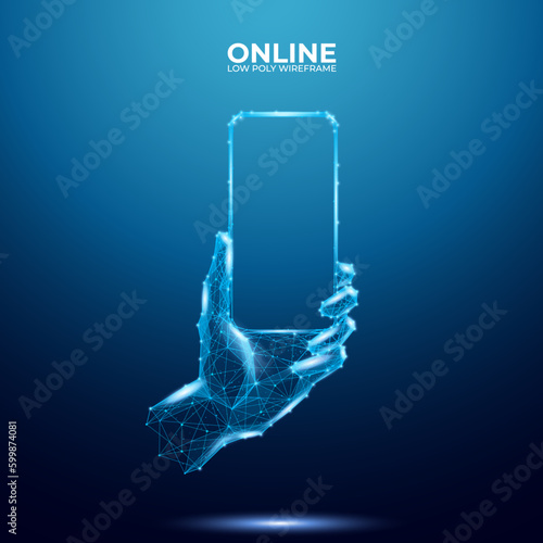 Abstract hand holding phone with blank screen in polygons on blue background. Low poly wireframe technology or new device concept. Polygonal 3D vector illustration.