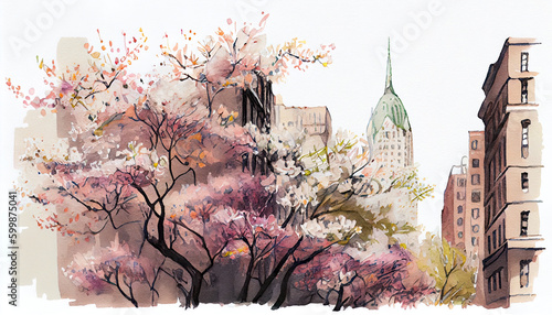 Watercolor illustration design of beautiful flowers over white background with beautiful architecture buildings. Generative AI. photo