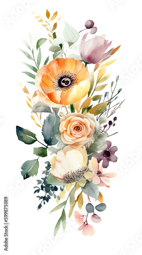 Watercolor illustration design of beautiful flowers over white background. Generative AI. photo