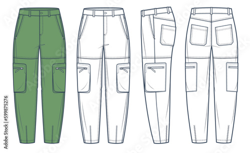 Cargo Pants technical fashion Illustration, green design. Jeans Pants fashion flat technical drawing template, gusset pockets, front, side and back view, white, women, men, unisex CAD mockup set.