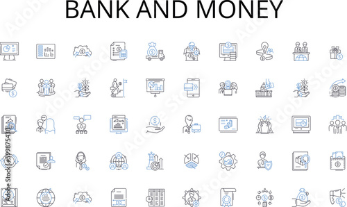 Bank and money line icons collection. Submerged, Exploration, Oceanography, Pressure, Abyss, Scuba, Wetsuit vector and linear illustration. Marine life,Shipwrecks,Crevices outline signs set