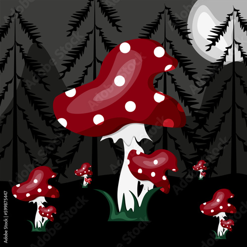 Toadstool in the forest. Art with Mushrooms. Vector illustration. Amanita. Fly agarics.