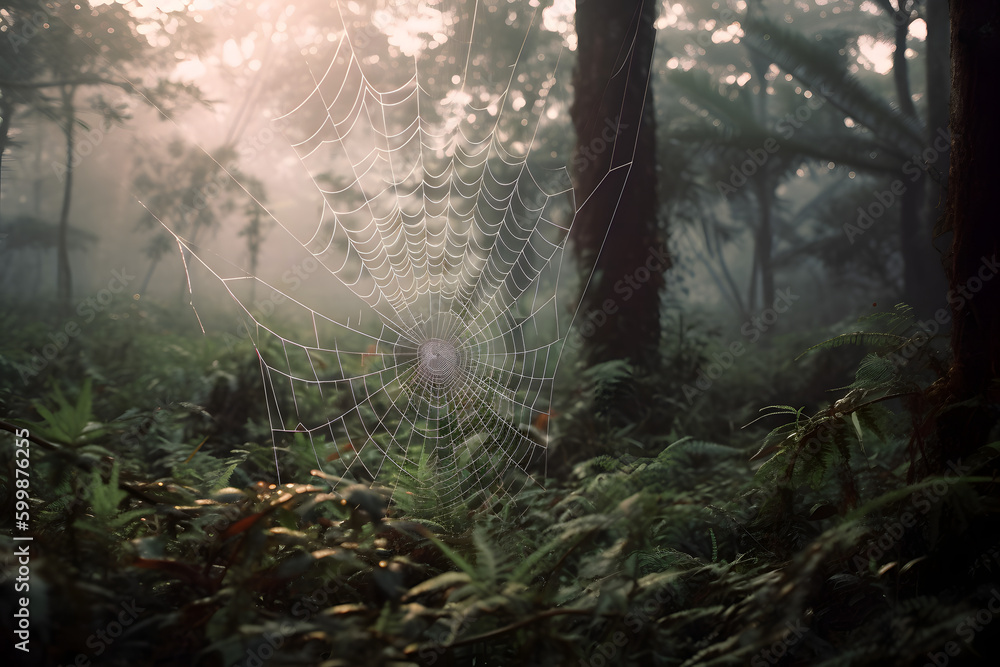 Cobweb in the morning mist in the forest. Nature background