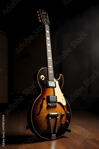 photo a guitar with a brown body with a gold trim