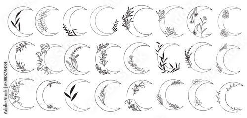 Big collection of moon with wild flowers, minimalistic line vector art
