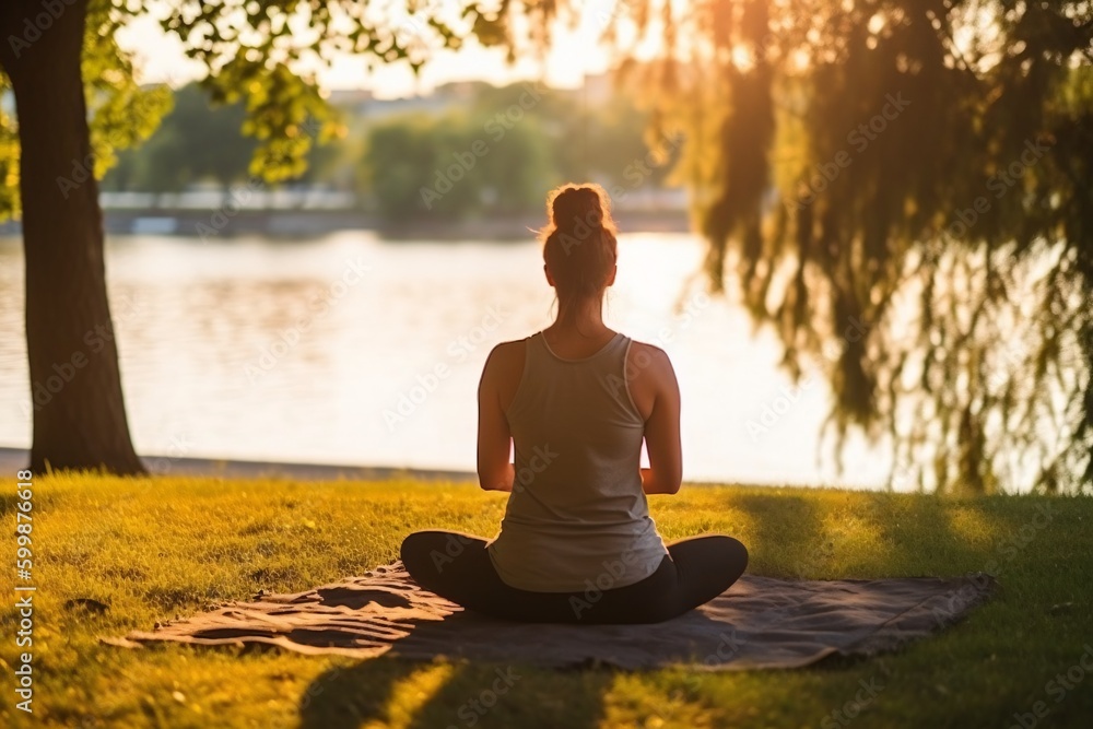 Healthy young girl doing sport outside under summer sun at shores of the lake, created with Generative AI technology Healthy young girl doing sport outside under summer sun at shores of the lake, created with Generative AI technology