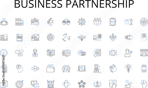 Business partnership line icons collection. Leadership, Management, Communication, Strategy, Innovation, Decision-making, Adaptability vector and linear illustration. Collaboration,Time-management