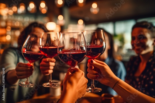 Group of friends clinking and cheers red wine glasses sitting at table bar restaurant, created with Generative AI technology