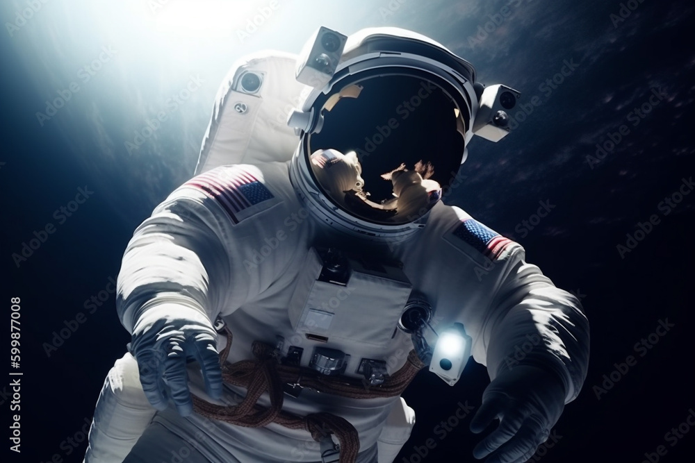 Science fiction, technology concept. Astronaut with costume floating in space in background of planet Earth. Astronaut at spacewalk. Deep space exploration. Generative AI