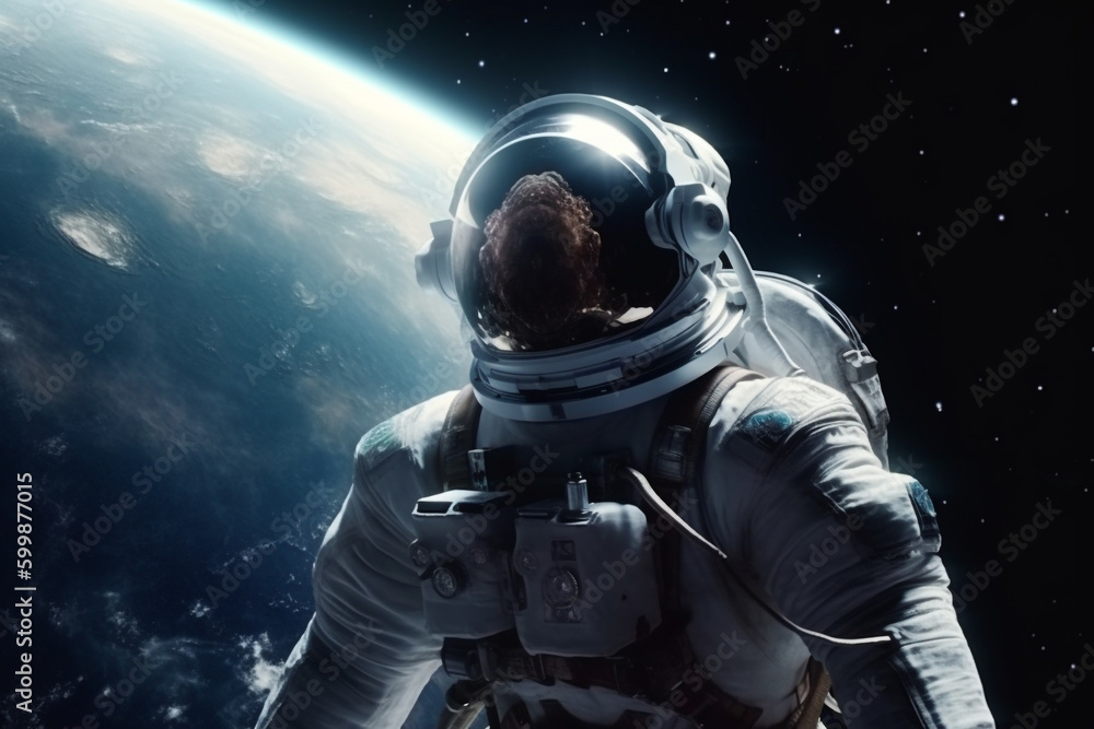 Science fiction, technology concept. Astronaut with costume floating in space in background of planet Earth. Astronaut at spacewalk. Deep space exploration. Generative AI