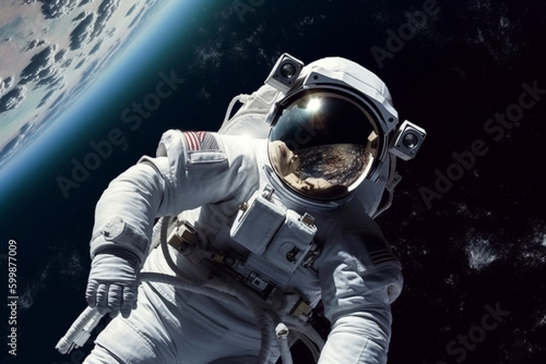 Science fiction, technology concept. Astronaut with costume floating in space in background of planet Earth. Astronaut at spacewalk. Deep space exploration. Generative AI