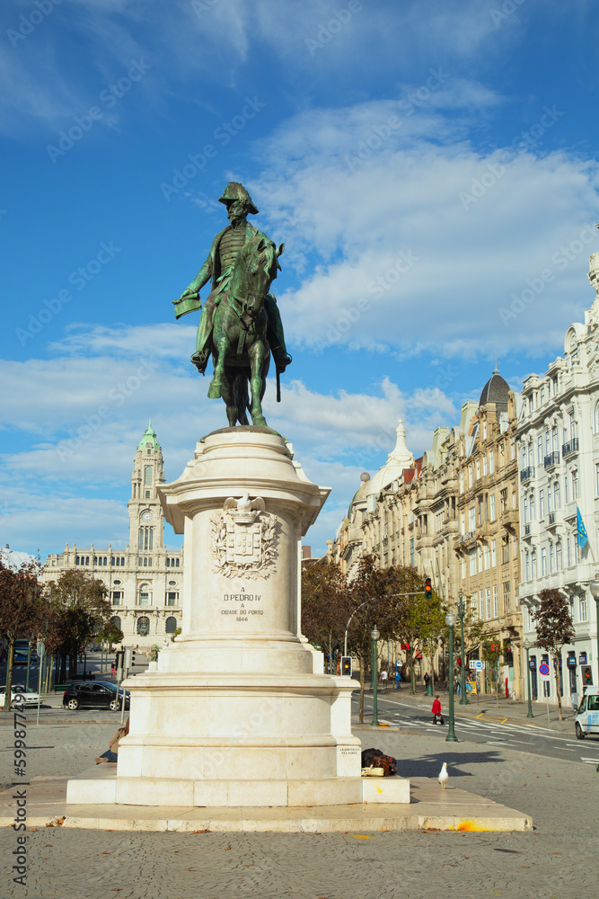 The monument to King Pedro IV on his horse in Porto in Portugual