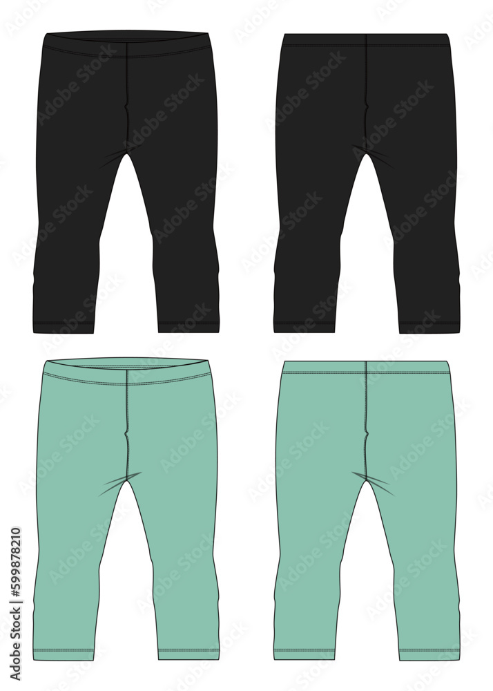 Legging pant technical drawing Fashion flat sketch vector illustration black and green color Template Front and back views Isolated on white background. Legging pant technical drawing Fashion flat sketch vector illustration black and green color Template Front and back views Isolated on white background.