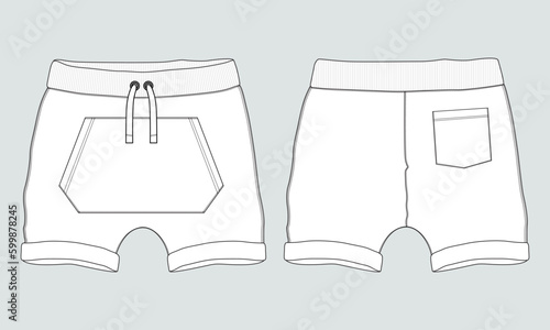 Shorts pant technical fashion flat sketch drawing vector illustration template for baby boys.