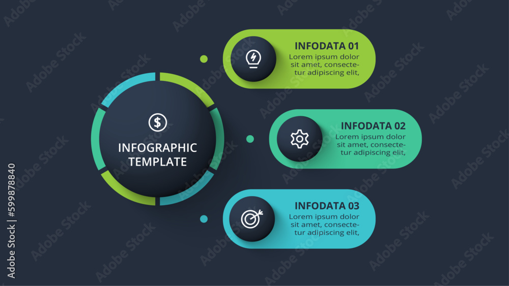 Diagram concept for infographic with 3 steps, options, parts or processes. Template for web on a black background.
