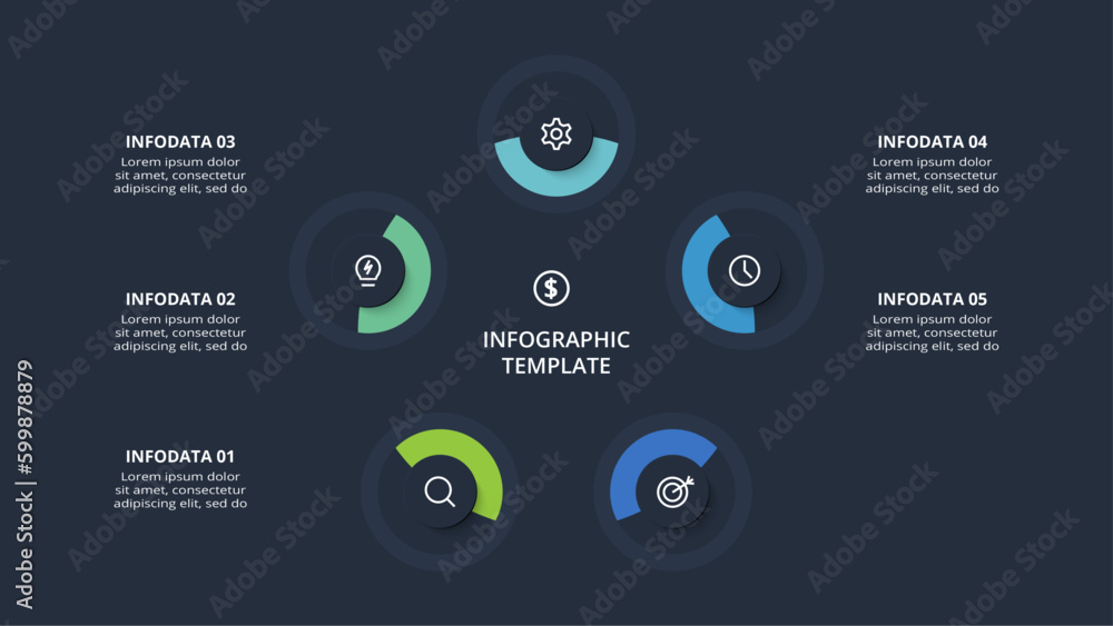 Diagram concept for infographic with 5 steps, options, parts or processes. Template for web on a black background. Diagram concept for infographic with 5 steps, options, parts or processes. Template for web on a black background.