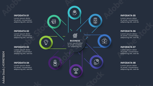 Diagram concept for infographic with 8 steps, options, parts or processes. Template for web on a black background.