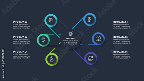 Diagram concept for infographic with 6 steps, options, parts or processes. Template for web on a black background.