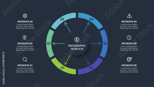 Diagram concept for infographic with 6 steps, options, parts or processes. Template for web on a black background.