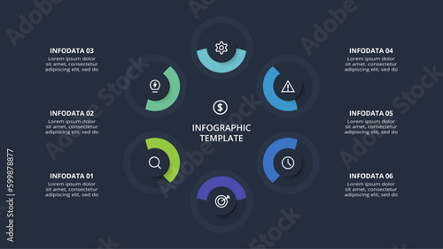 Diagram concept for infographic with 6 steps, options, parts or processes. Template for web on a black background.