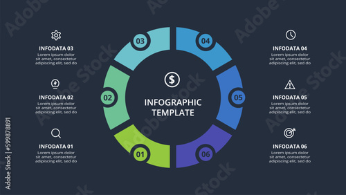 Diagram concept for infographic with 6 steps, options, parts or processes. Template for web on a black background.