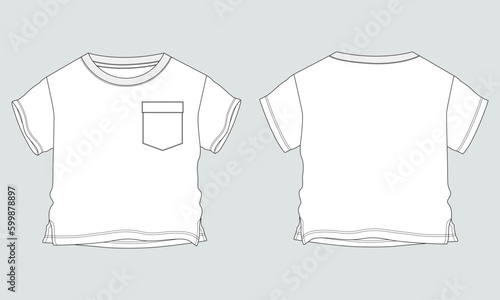 Baby boys t shirt technical drawing fashion flat sketch vector illustration template front and back views. Apparel design mock up for kids isolated on grey background