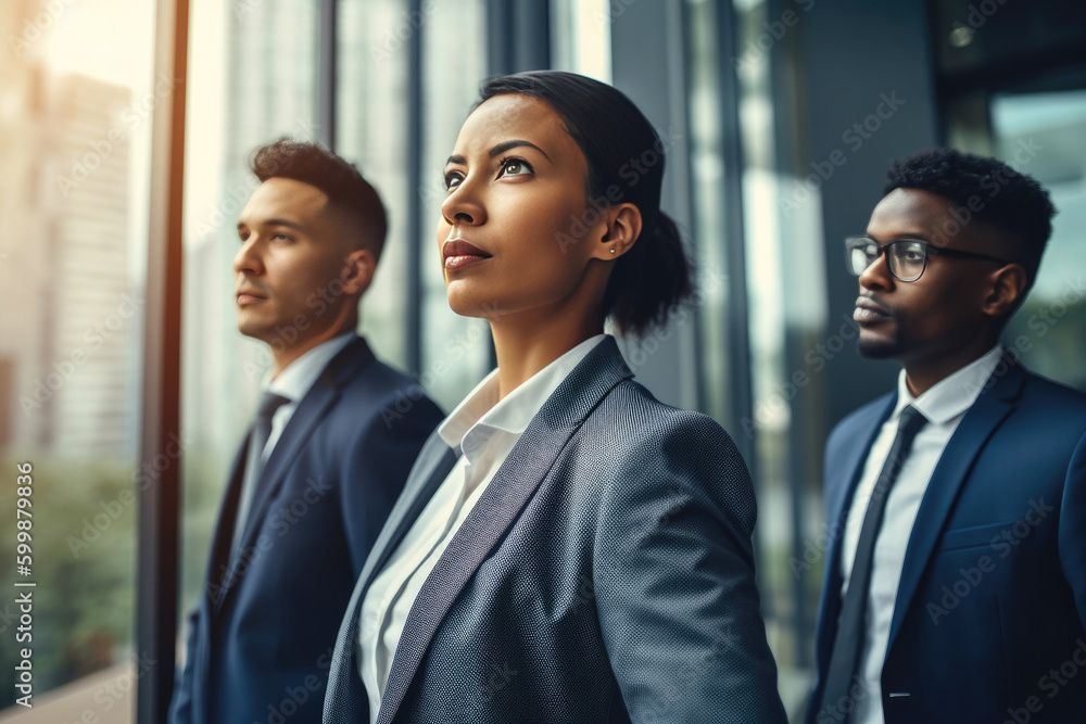 Group of businesspeople looking at window. Generative AI Group of businesspeople looking at window. Generative AI