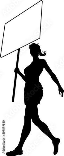 Protestor or demonstrator at a demonstration march, picket line or strike protest rally in silhouette. Holding up a banner or picket sign board placard.