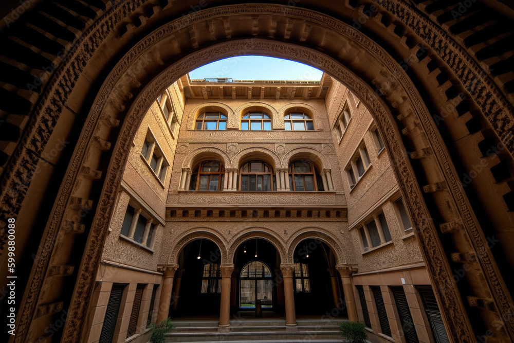 View of a building through an arch. Generative AI