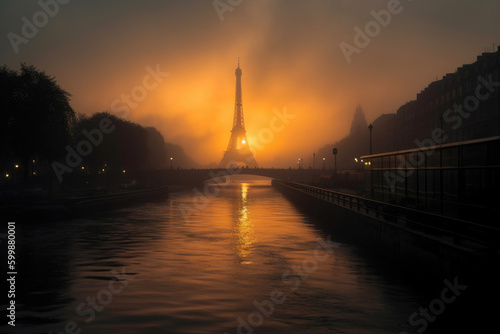 The Eiffel Tower is shrouded in mist, its lights twinkling sunset. Generative AI