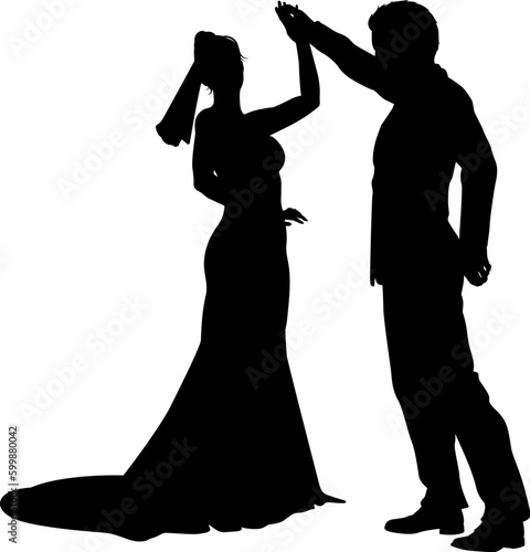 Bride and groom couple silhouettes. Woman in a bridal wedding dress