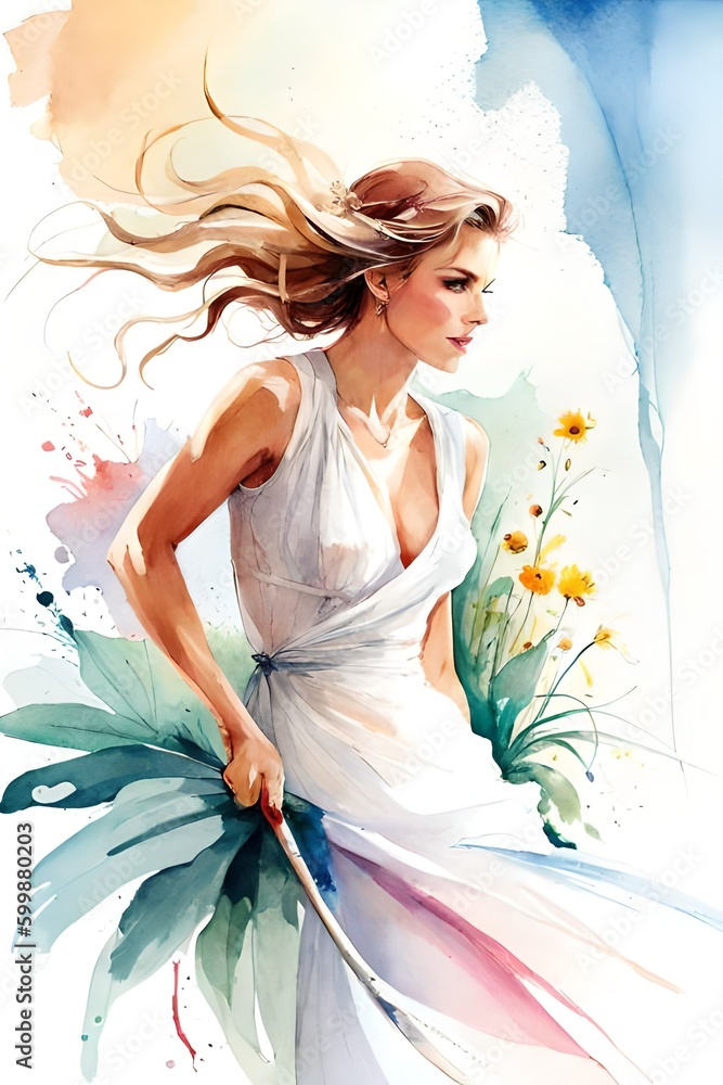 watercolor beautiful woman and flowers, Generated AI watercolor beautiful woman and flowers, Generated AI