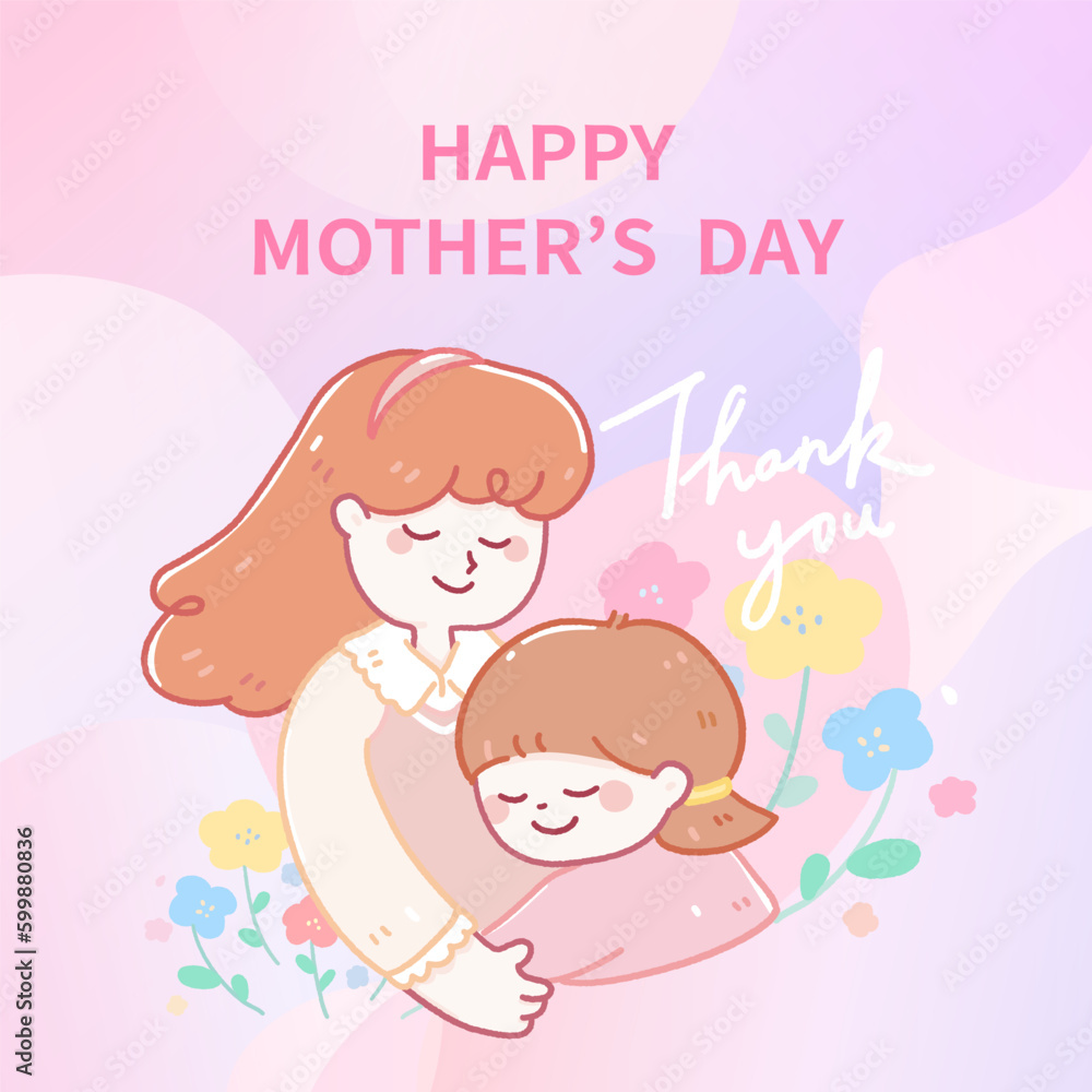 Vector cute illustration style for Mother's Day.Mother girl hug colorful flowers pink background. Vector cute illustration style for Mother's Day.Mother girl hug colorful flowers pink background.