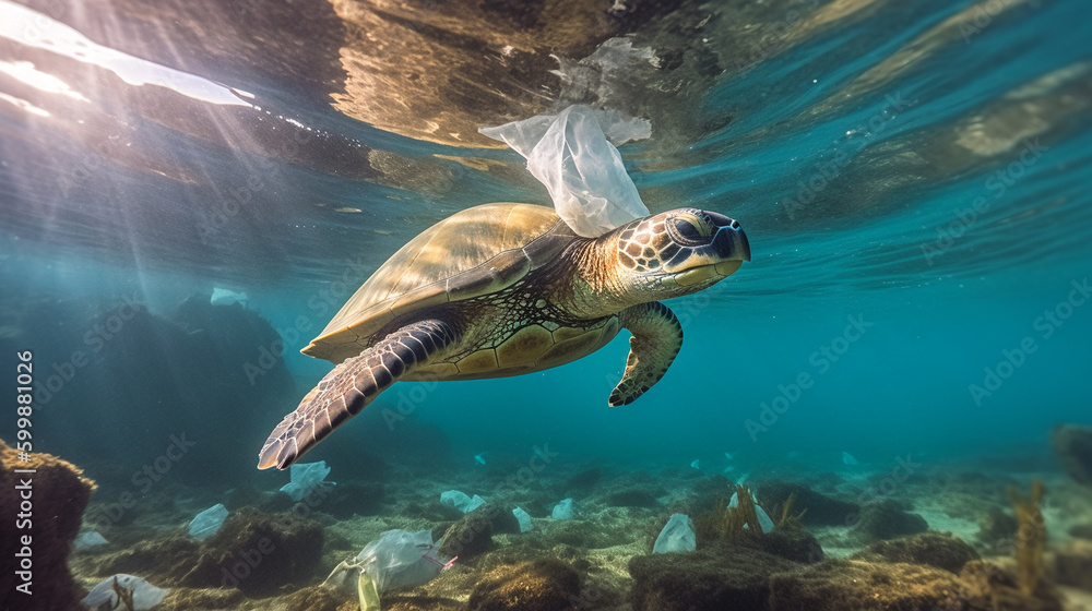 Obraz premium Plastic pollution in the ocean, turtle among plastics. Created using Generative AI technology.